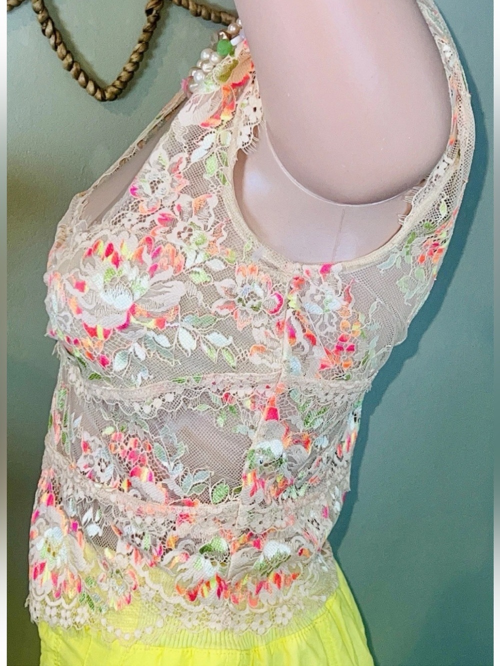 Free People Intimately Garden Party Sheer Lace Tee Cap Sleeve Peach Small - Picture 7 of 16